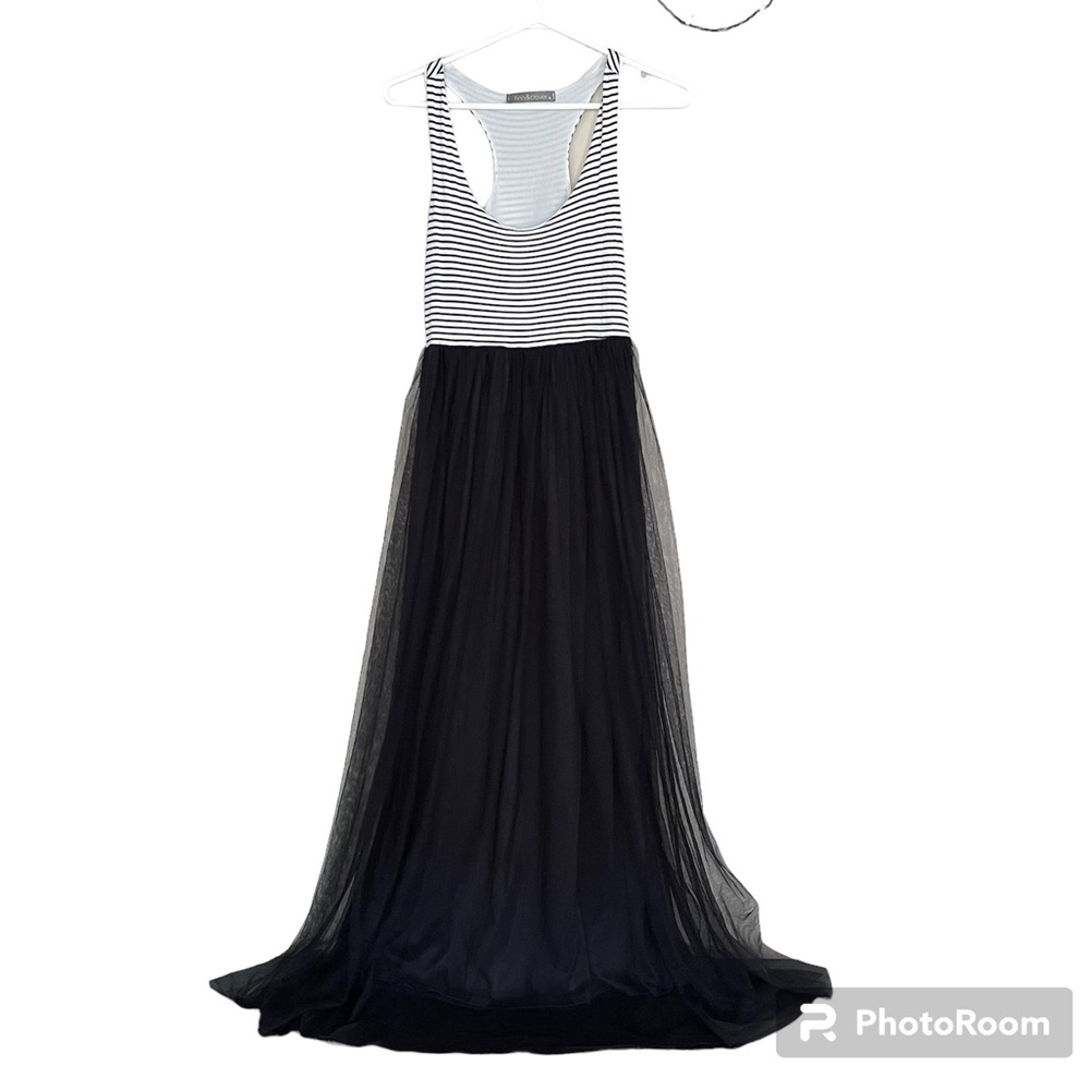 Finn & Clover Long Tulle Scoop Neck Dress | Stripes White Black
